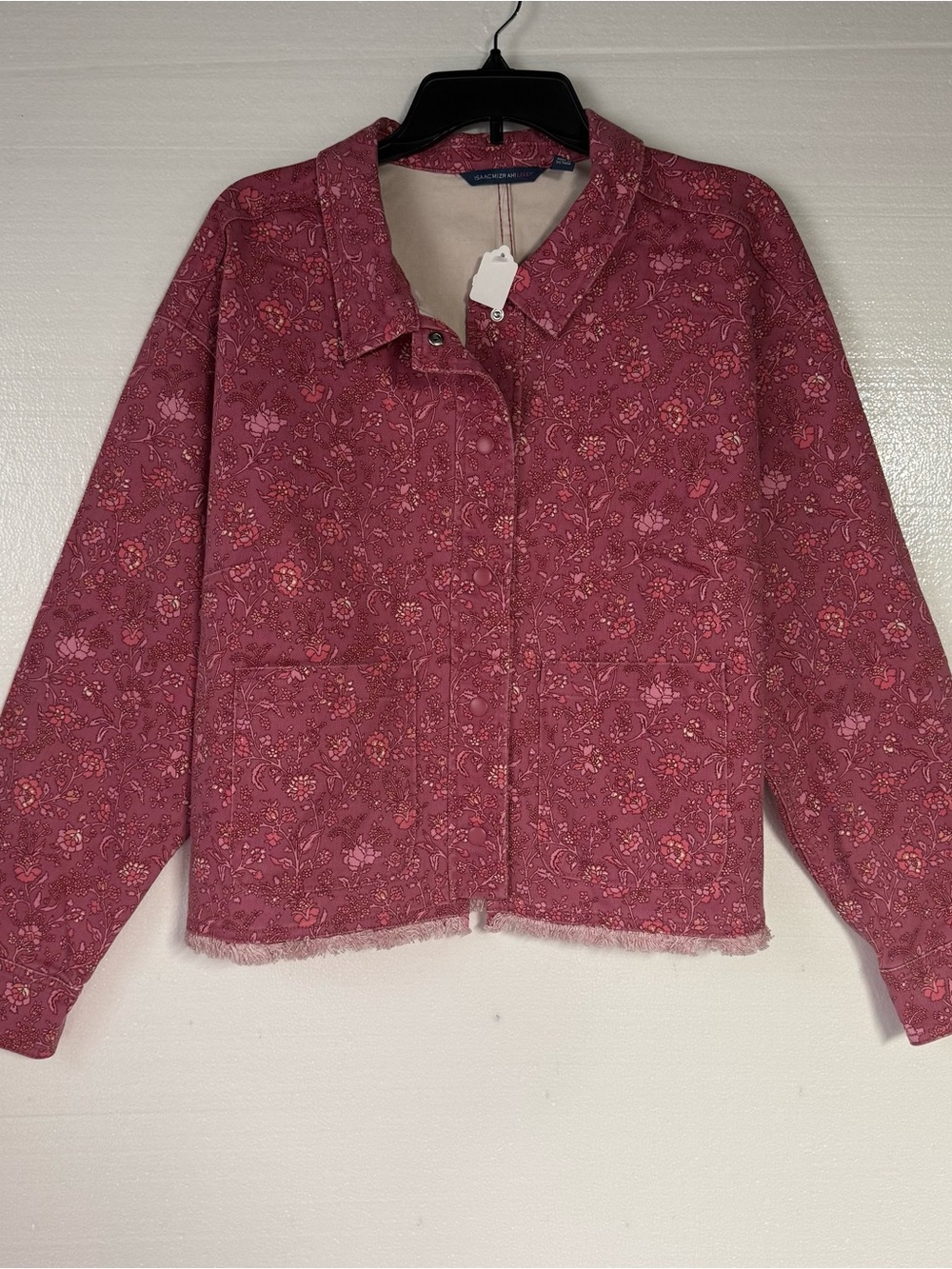 Isaac Mizrahi Jacket Women 2X Pink Denim Floral Snap Button Front Frayed Hem